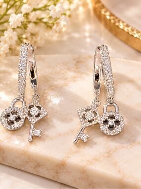 Sterling Silver Pavé Key & Lock Drop Earrings - Silver